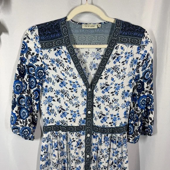 FP To Love | Maxi Dress Boho Blue Floral White Button Down Women’s Size Small - Picture 6 of 13